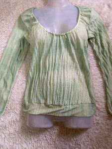 deep neck Green Textured Long Sleeve Top