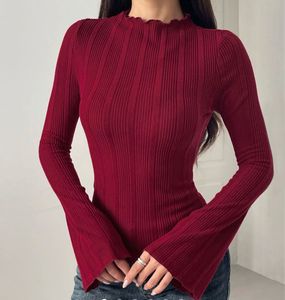 Maroon Ribbed Flare Sleeve Top