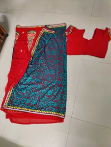 Embroidered Red &amp; Teal Saree