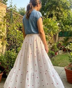 Tiered White Skirt with Red Hearts