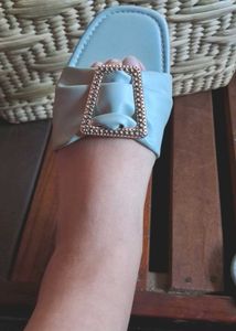 Blue Embellished Slide Sandals