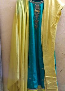 Vibrant Teal Embroidered Ethnic Dress Full Set