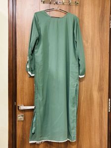Green Kurta Set with White Pants &amp; Dupatta