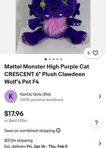 Mattel Monster High Purple Cat CRESCENT 6" Plush