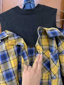 Yellow &amp; Blue Plaid Cold Shoulder Top