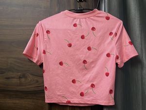 Pink Cherry Print Cropped T-Shirt