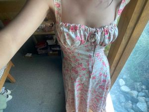 Pink  Floral Printed Shoulder Strap Flare Dress