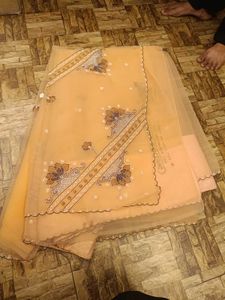 Elegant Embroidered Peach Chiffon Saree
