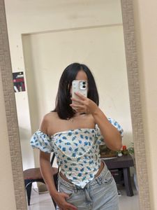Floral Puff Sleeve Corset Top