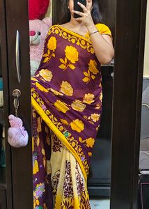 Floral Print Purple & Cream Saree