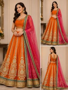 🔥SALE🔥Beautiful Orange Embroidered Lehenga