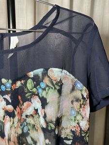 Sweetheart Neck Floral Sheer Navy Top