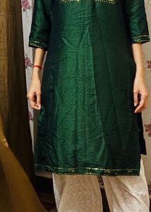 Elegant Emerald Green Kurta with white palazzo