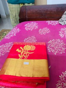 Vibrant Red Saree with Gold Border