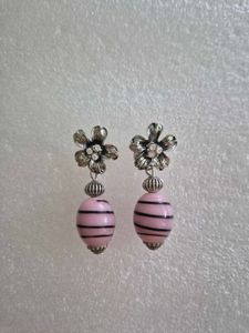 Cute Pink Striped Ball Flower Earrings