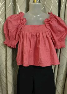 Chic Pink Puff Sleeve Square Neck Top