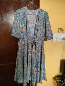 combo green and Blue Floral Print knot tie dress