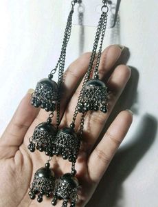 Long Tessle Oxidised Jhumka Earrings