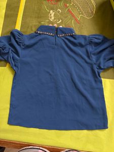 Blue Puff Sleeve Blouse with Embellished Collar