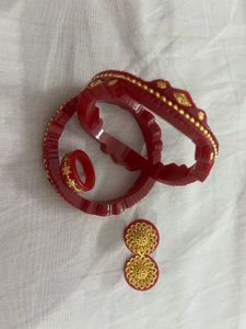 Red &amp; Golden Bangles, Ring &amp; Earrings Set