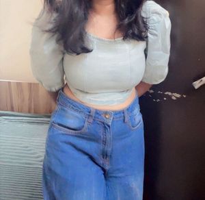 Denim Corset Crop Top With Balloon Sleeves
