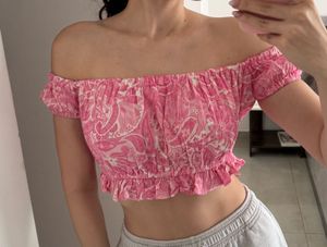 HWW crop top, summer print, pink, S size