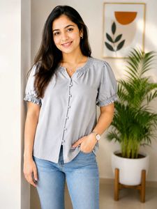 Stylish Grey Button-Up Puff Sleeve Top