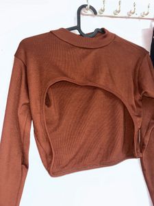 Brown Cut-Out Long Sleeve Top