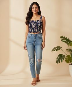 Chic Floral Print Smocked Crop Top