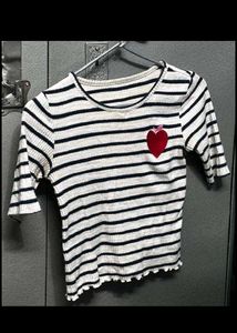 Striped Cropped T-Shirt with Heart Detail