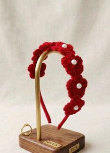 Handmade Red Crochet Flower Hairband with White Pe