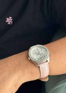 Guess Crystal Rhinestone Pink Leather Strap Watch