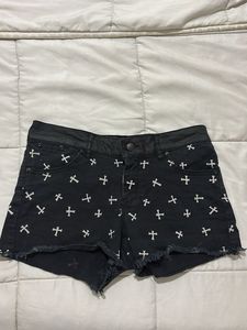 Black Cross Print Denim Shorts