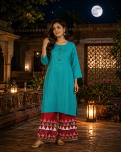 Elegant Teal Kurta with Red Palazzo Set