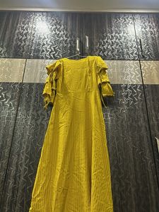 Elegant Yellow Striped Kurta with Ruffled one piec