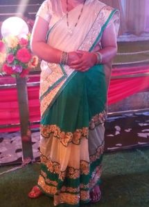 Beautiful Cream And Green Colour Net Saree Golden