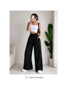 New Black Wide Leg Cotton Linen Pants