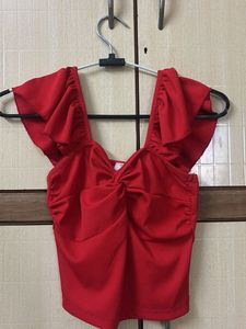 Red Ruffle Detail Crop Top