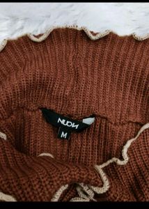 Chic Brown Ribbed Lettuce Trim Top