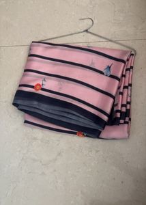 Satin  Pink Striped Saree with Floral Blous