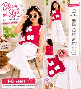 Girls Premium Ribbed Co-Ord Set | Cute Flower Appl