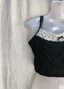 Cute Black Lace Trim Crop Top