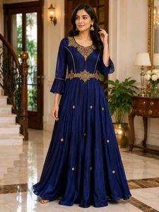 Elegant Navy Blue Embroidered Gown