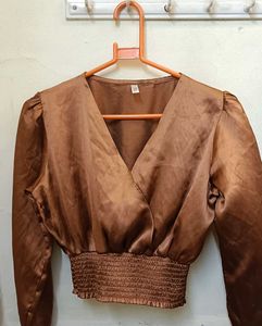 Satin Smocked Waist Wrap Top