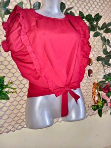 Chic Red Ruffle Tie-Front Top
