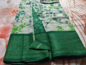 Elegant White &amp; Green Floral Saree