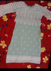 Elegant Mint Green Kurta Set with White Lace