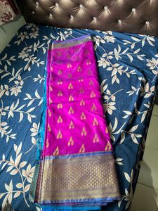 Vibrant Rani Pink Saree with sky blue blouse