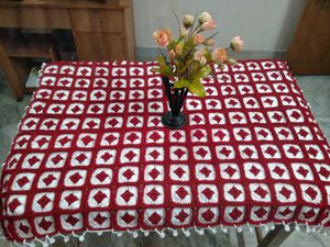 Handmade Crocheted Table Cover - Red & White