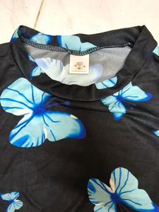 Blue Butterfly Print Long Sleeve Mesh Top